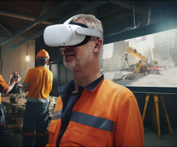 ouvrier en journée sécurité avec un casque de réalité virtuelle
